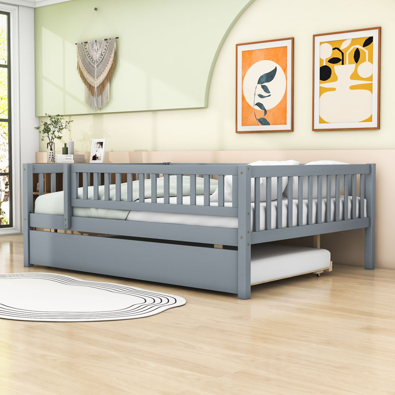 Clyda Daybed with Twin Trundle and Fence Guardrails, Gray, Full/Double