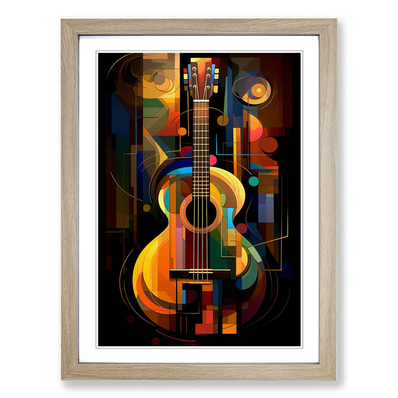 Acoustic Guitar Art Deco No.2 - Single Picture Frame Print on Wood, Oak Framed, 46cm H x 34cm W