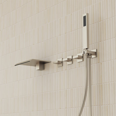 Wall Mounted Waterfall Tub Spout Bathtub Faucet with Diverter & Handheld Shower