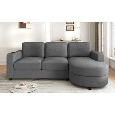 Canapé modulaire moderne en L avec méridienne incurvée, ports USB et poches de rangement latérales pour un salon confortable