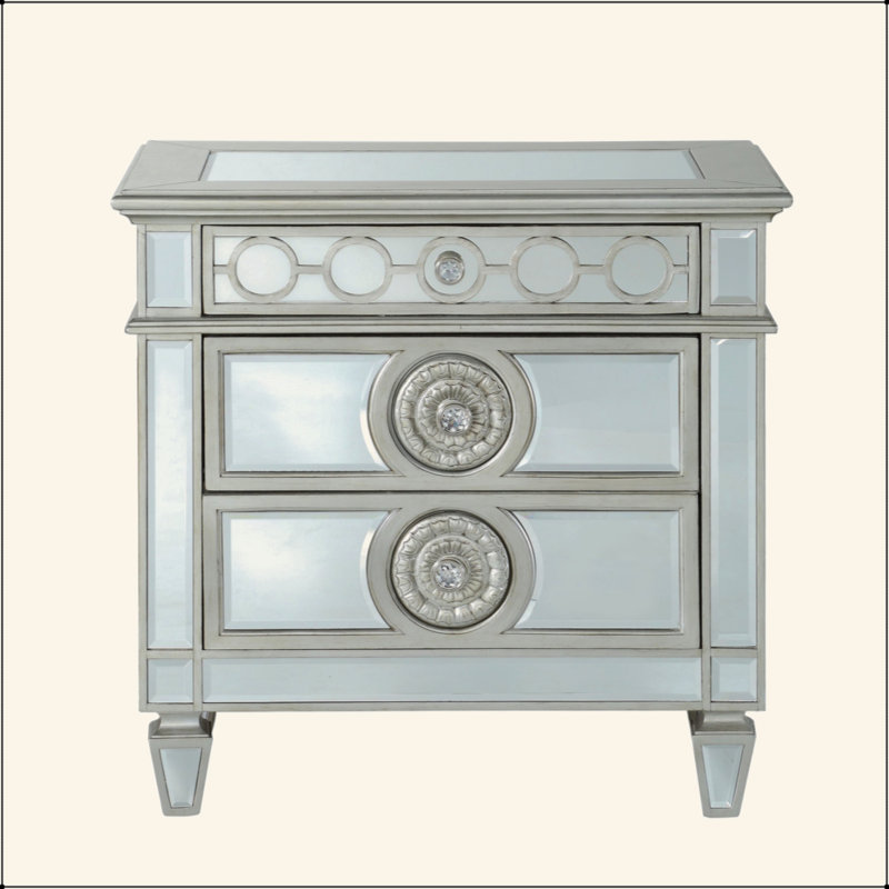 Table de chevet à finition miroir avec 2 tiroirs Glam, Clair