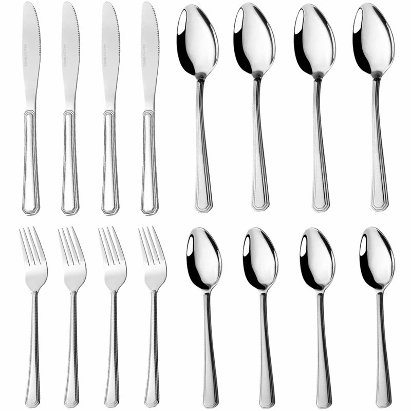 Ensemble de 16 couverts en acier inoxydable, poli miroir, comprend les couteaux, fourchettes et cuillères, va au lave-vaisselle, idéal pour une utilisation quotidienne et formelle