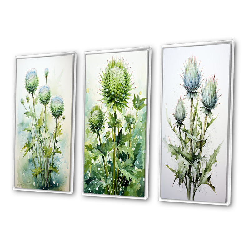 «Green Thistle Majestic Thistle Pointillism», 3 pièces sur toile, Cadre blanc, H 28 po x l 12 po