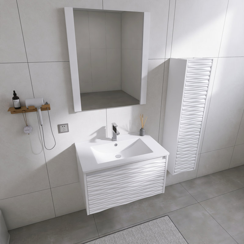 Ensemble de meuble-lavabo mural 30 po avec plateau en céramique, miroir et armoire latérale - Conception ondulée, fermeture en douceur et finition imperméable à 5 couches