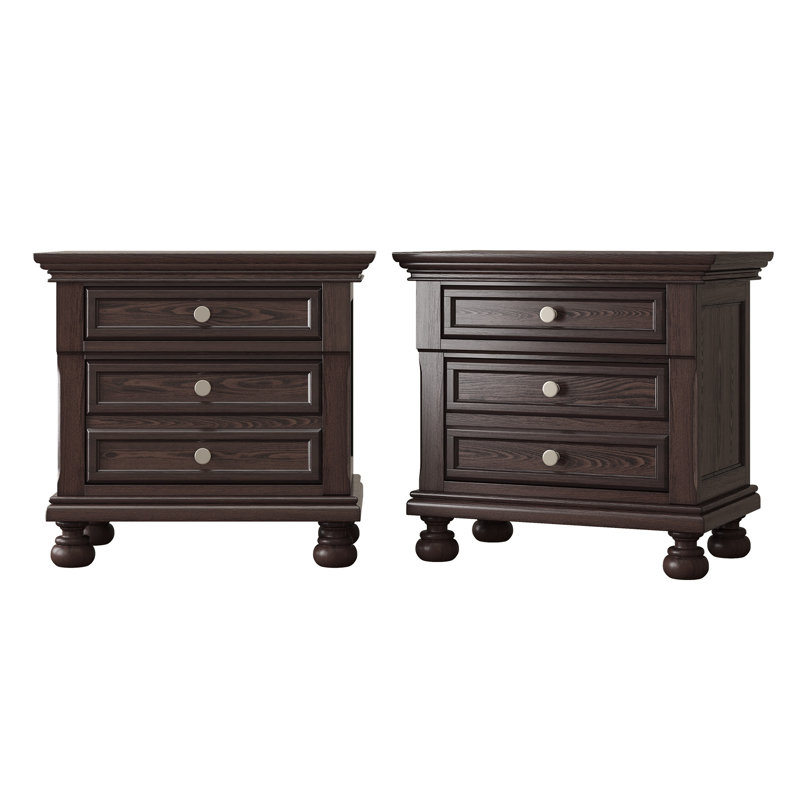 Table de chevet 26 po en bois massif classique à 2 tiroirs avec pieds à colonnes romaines, assemblage minimal requis, brun foncé