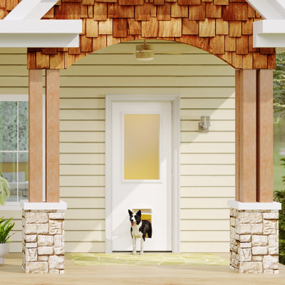 Entry Door Slab With Frosted Glass & Magnetic Pet Door, Sound-Reducing Frame & Threshold – Solid Wood