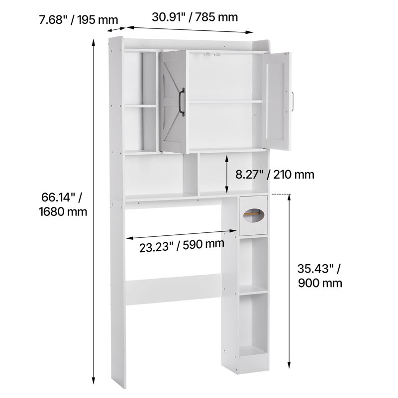 Over The Toilet Storage Cabinet, 66.14 in Height Bathroom Storage Organizer with Double Door and Adjustable Shelf, Bathroom Space Saver Organizer Above Toilet with Open Shelf, White