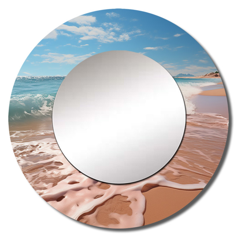 Shalesa Scenic Landscape Coastal Serenity II - grand miroir mural océan, miroir décoratif rond turquoise, impression d'art en métal