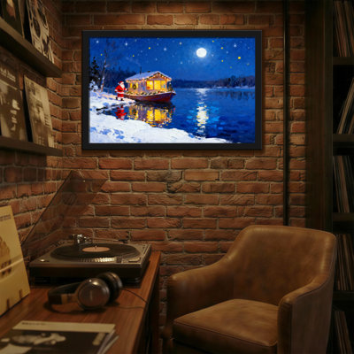 Noël, père Noël, bateau, nuit d'hiver, lune de neige, étoiles, lumières