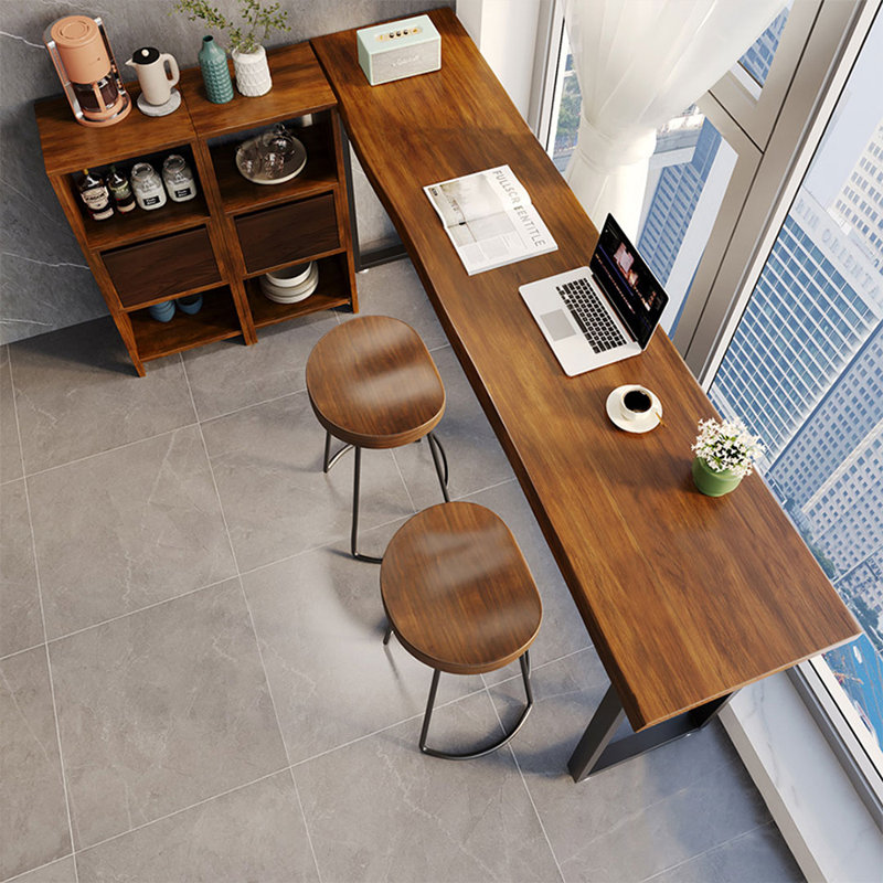2-Person Nut-brown+Black Rectangular Solid Wood+Iron Bar Table Sets
