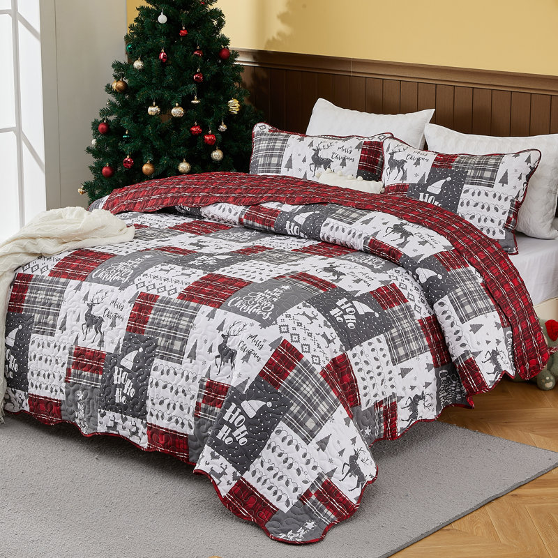 Ensemble de courtepointe en patchwork de Noël avec motifs de rennes, flocons de neige, sapins et carreaux, literie légère en microfibre à bords festonnés