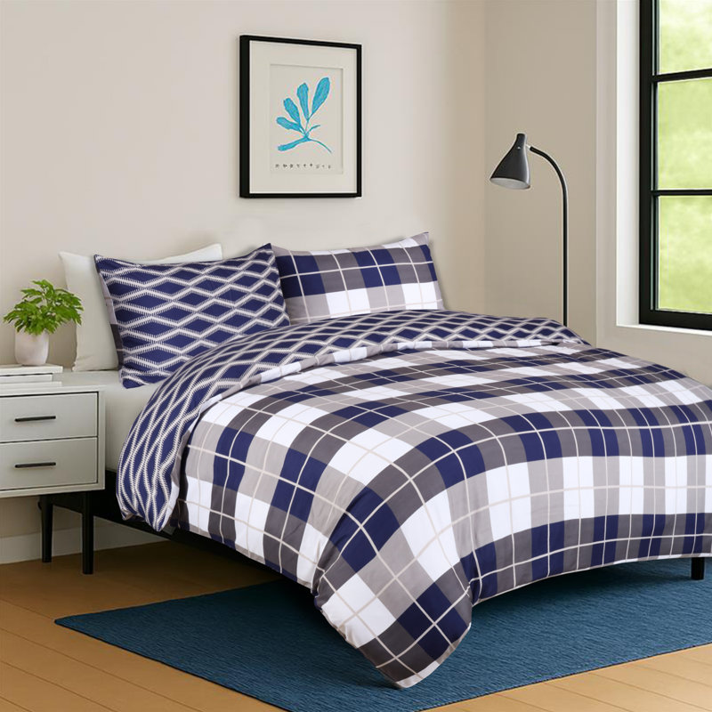 Imperial Homeware London Microfiber Duvet Cover Set with Pillowcases, Navy Check, Single Duvet Cover + 1 Standard Pillowcase