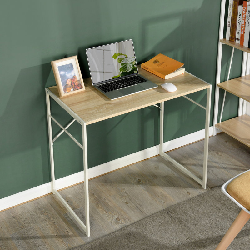 Hyardsite Metal Base Writing Desk, 28.3" H x 39.4" W x 18.9" D, Oak/White