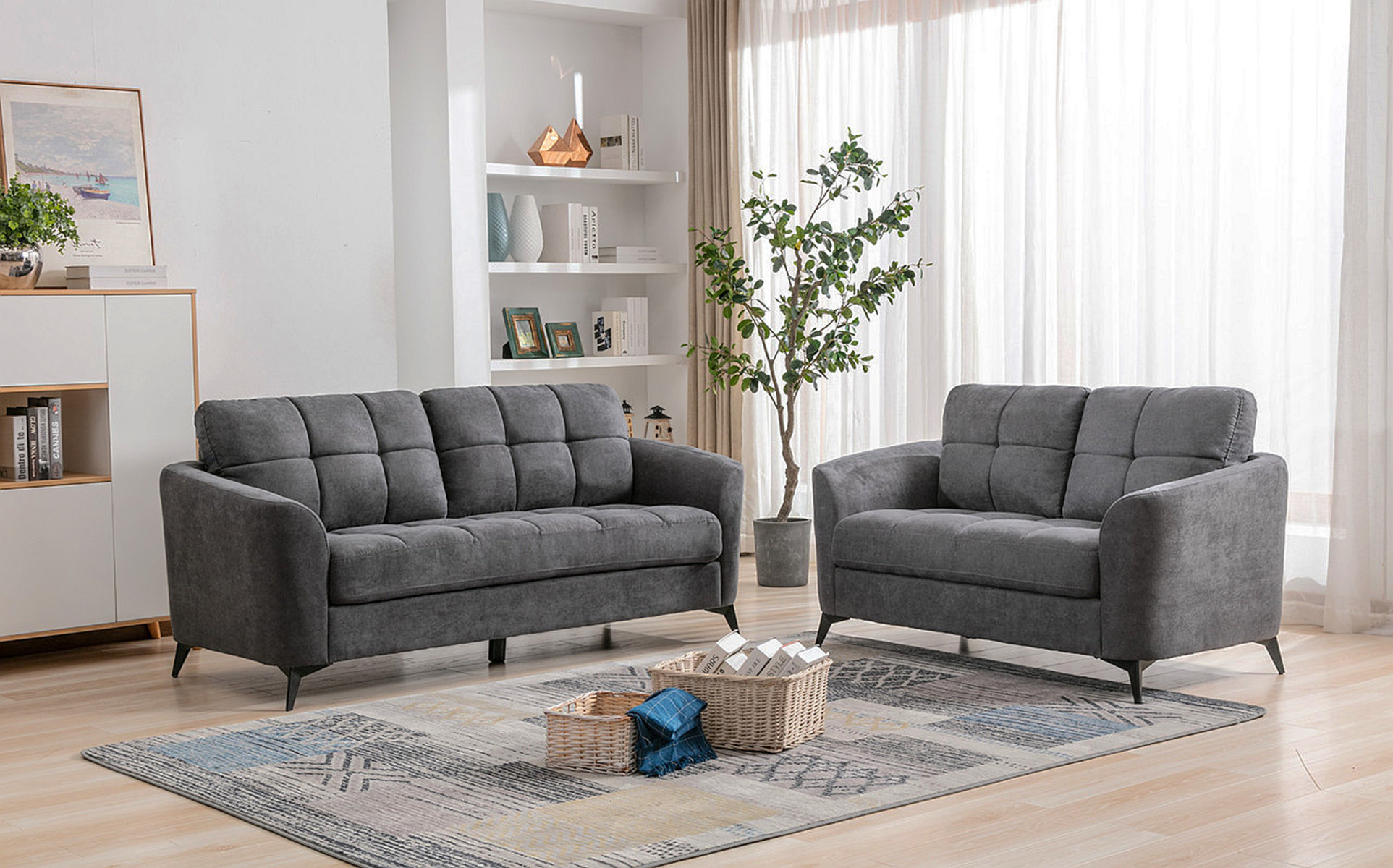 Latitude Run® Carlotta Gray Woven Fabric Sofa Loveseat Living Room Set ...