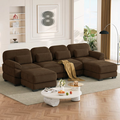 Canapé d'angle modulaire en velours côtelé de 132,3 pouces, canapé 4 places rembourré avec coussins d'assise épais et confortables pour salon, chambre et appartement, brun