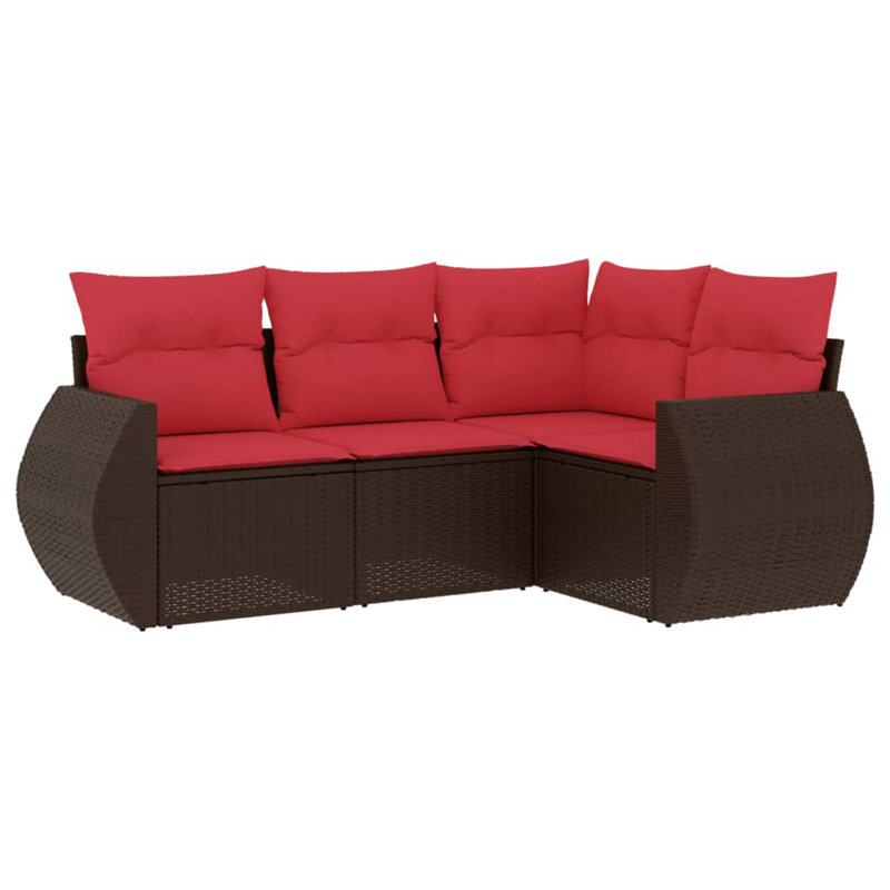 Ebern Designs 4 Piece Patio Sofa Set With Cushions Black Poly Rattan, Red Cushion/ Brown Frame