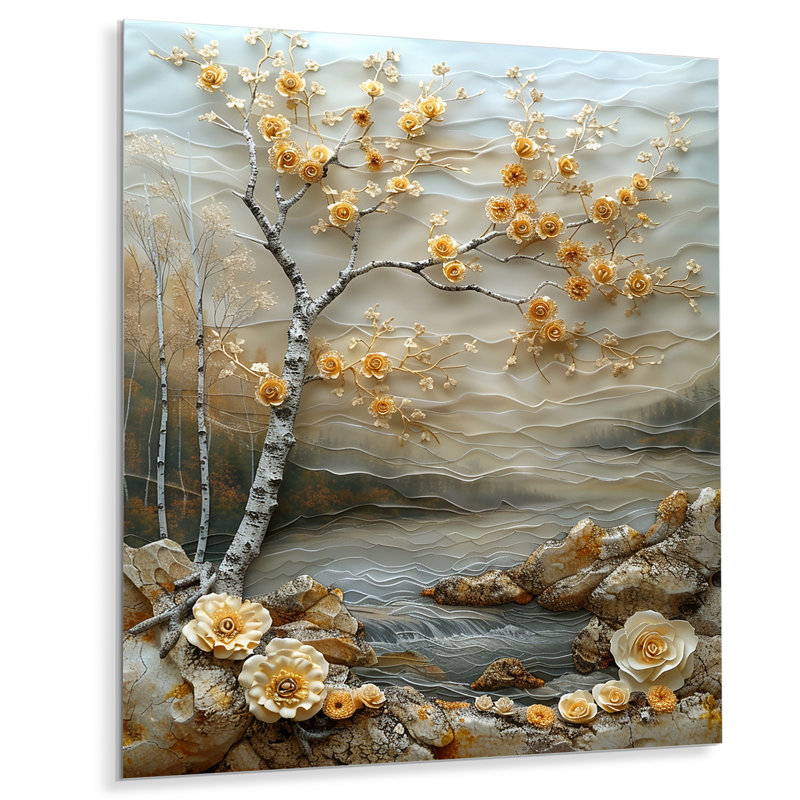 «Blossoming Birch By Silver River», art mural bouleau, Métal métal, H 32 po x l 24 po x P 1 po