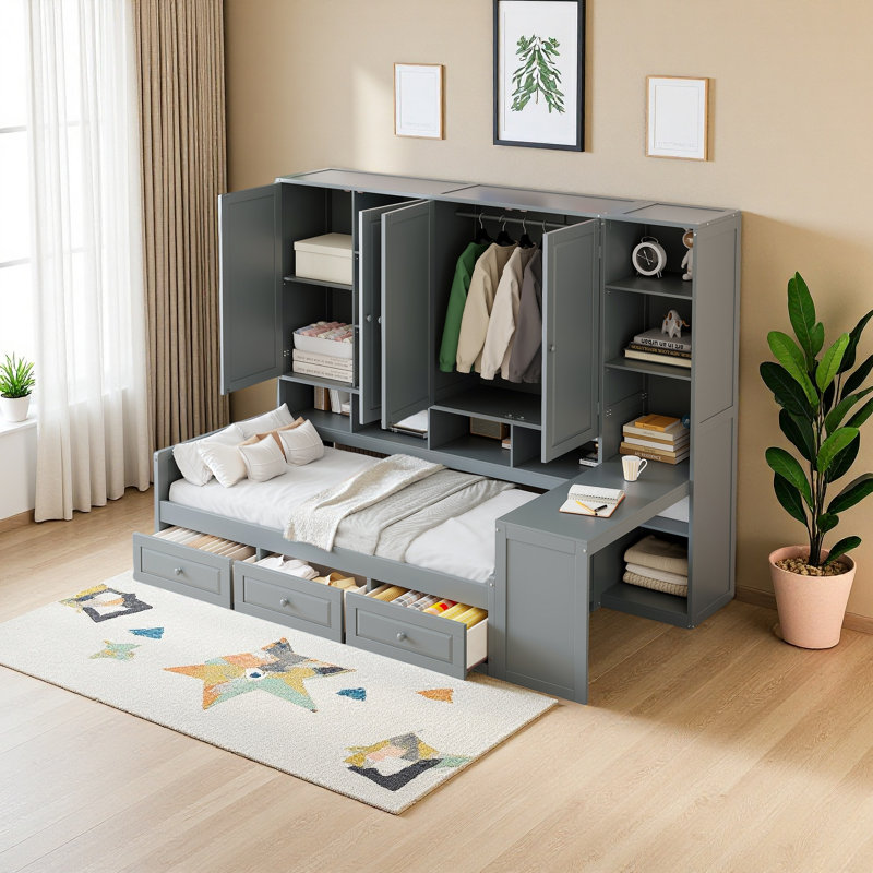 Wooden Daybed With Three Drawers, And All-In-One Cabinet, Desk And Shelves, Gray, Twin