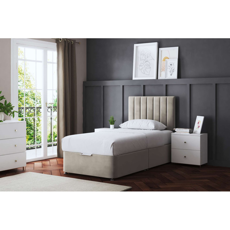  Upholstered Panel 2 Draw Divan Bed with Headboard, Beige, Small Single (2'6)