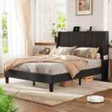 Upholstered Platform Bed With Charging Station Wingback Storage Ergonomic Headboard