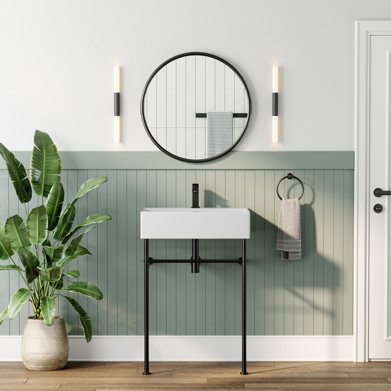 24 po Lavabo de console de salle de bain rectangulaire en céramique blanche avec pieds et trop-plein, Blanc/Noir