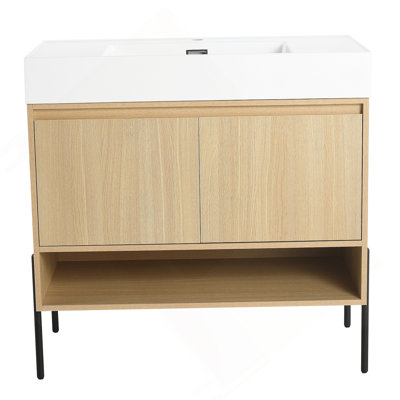 Ensemble de meuble-lavabo de salle de bain avec lavabo simple en résine, ensemble d'armoires de rangement modernes 2 portes, bois massif multicouche, chêne