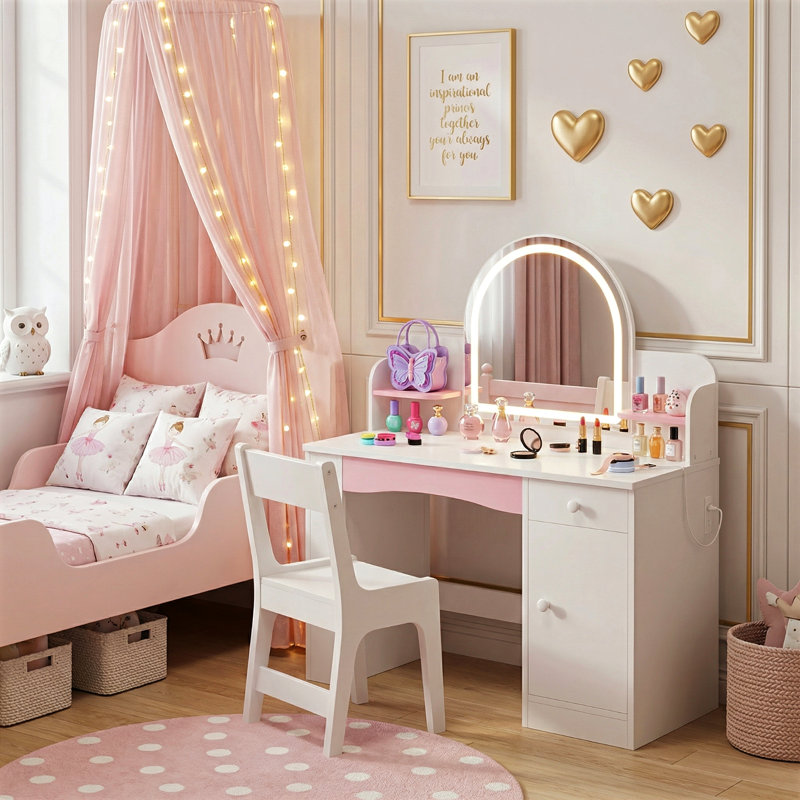 Bureau de coiffeuse pour enfants avec miroir à DEL et tabouret