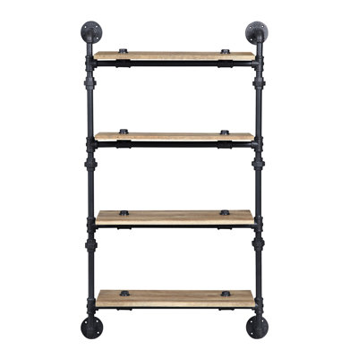 Support mural à 4 tablettes dans un cadre en métal à niveaux, de style conduite d'eau, finition chêne et noir sablé, placage, dimensions de l 23 po x l 9 po, espacement de 12 po, 10 lb par niveau avec les tablettes, profondeur, espace, chargement