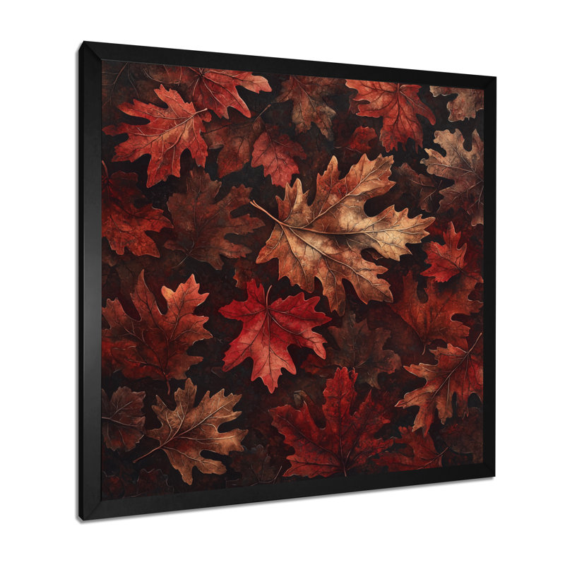«Red Falling Maple Leaves II», art mural grandes feuilles, Reproduction encadrée d'une seule photo, Noir, noir, noir, noir
