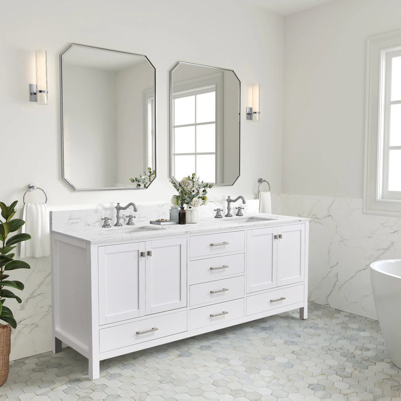 Modern Bathroom Vanity With Double Sinks & Storage, White/Brushed Nickel, 84"