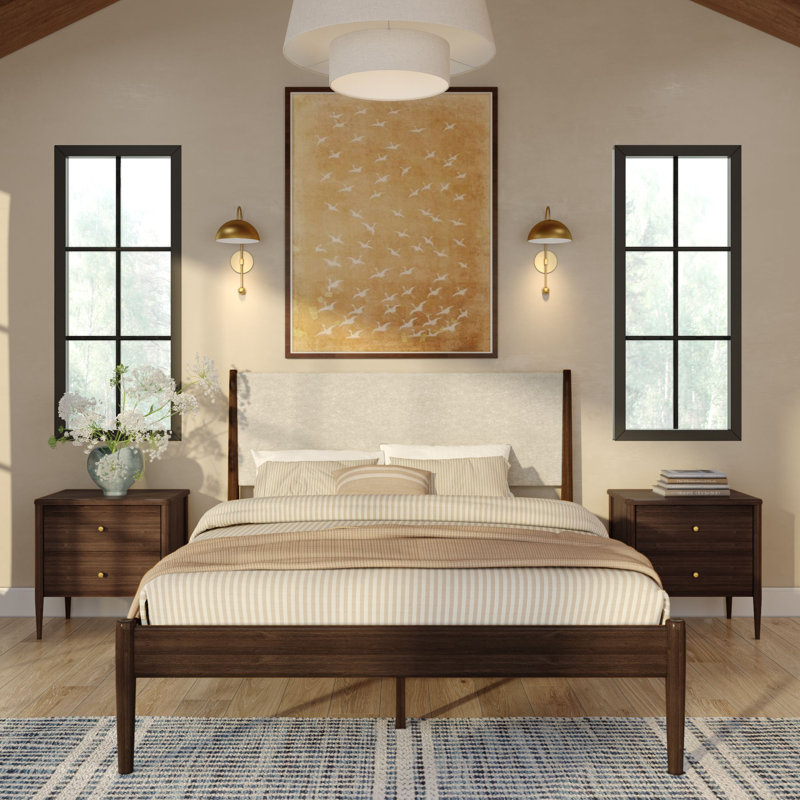 Harbor Queen Bed with Upholstered Headboard, Walnut/Swiss Coffee, Walnut, Queen