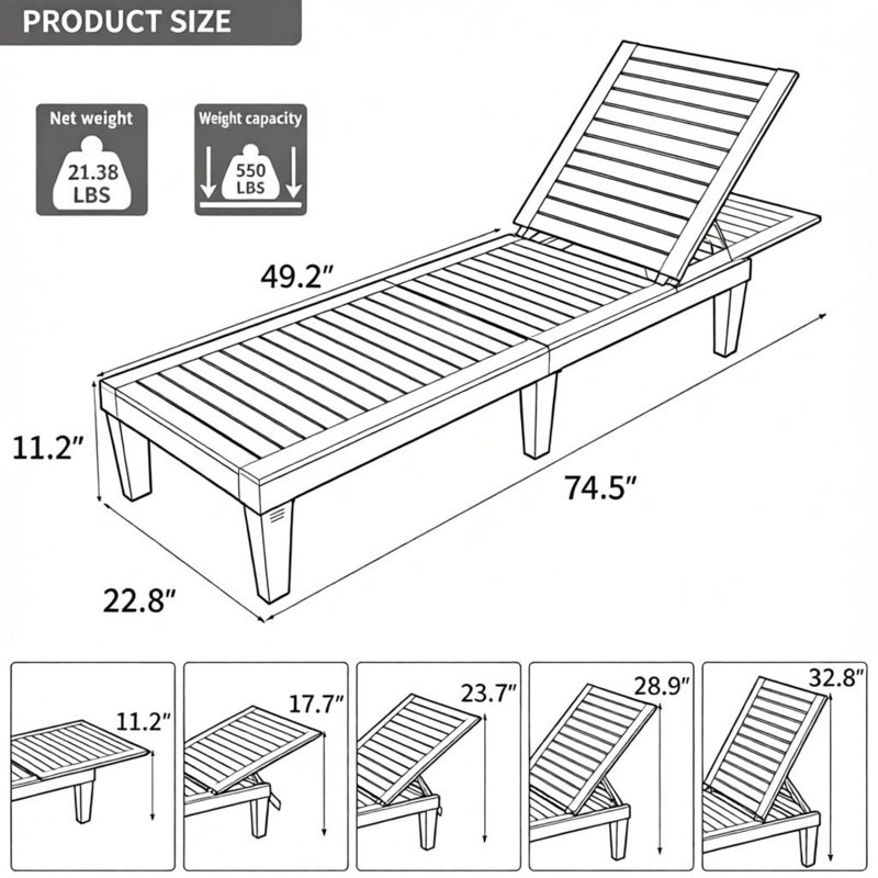 Outdoor Chaise Lounge, Wood-Grain Resin Reclining Patio Chair With 5-Position Backrest, Stackable（Set Of 2）, Black