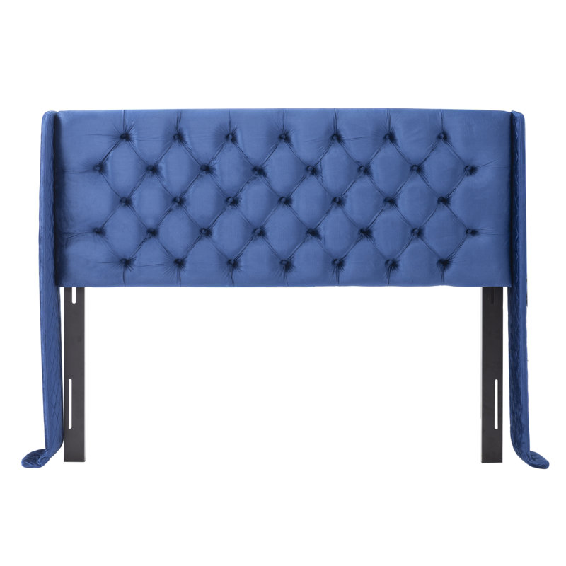 Très grande tête de lit tapissier à oreilles en lin avec boutons capitonnés, Velvet Blue
