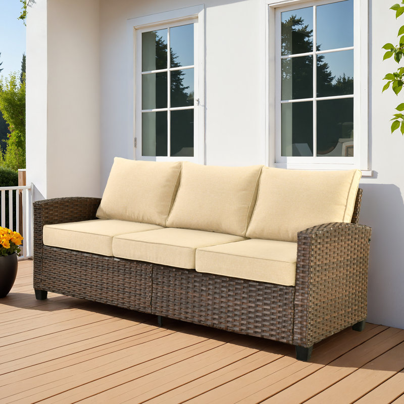 Canapé d'extérieur en osier avec coussins Eaker, Beige