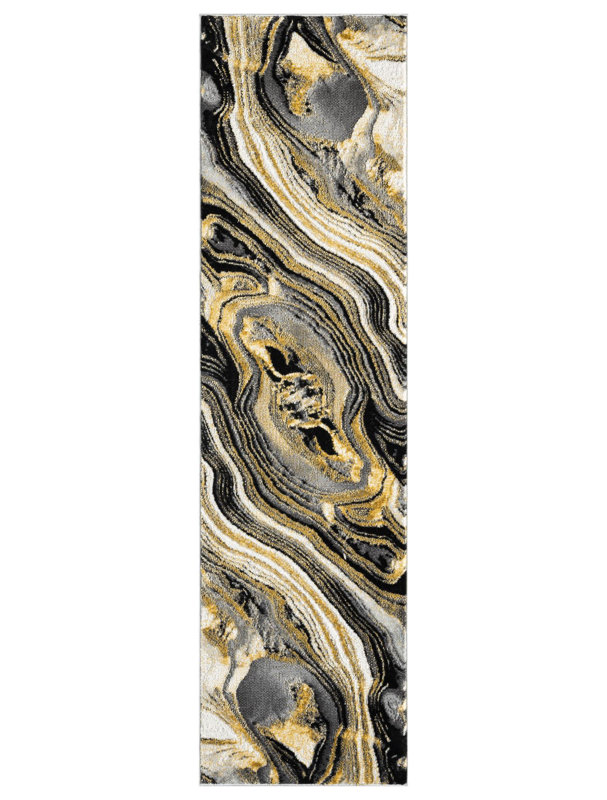 Tapis noir / or à motif abstrait Nason Collection, Tapis de couloir 2 pi 2 po x 7 pi 9 po
