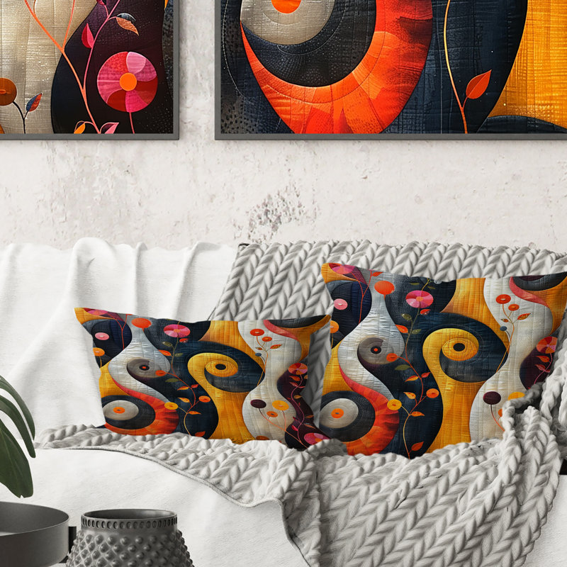 Coussin décoratif moderne orange et jaune à motif géométrique moderne III, H 18 po x l 18 po