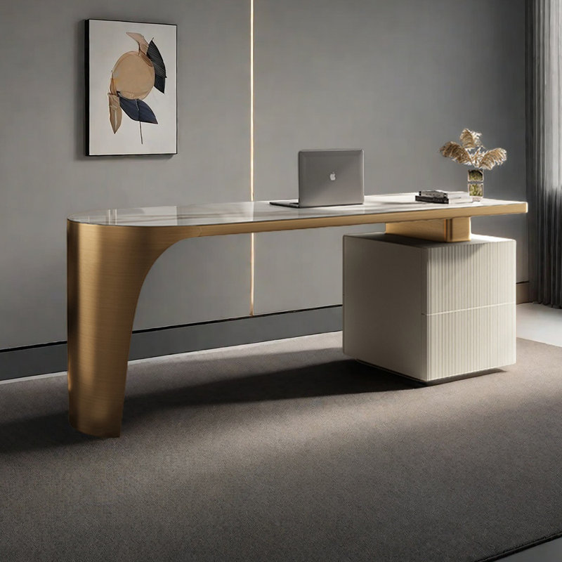 Bureau en pierre frittée légère et luxueuse, H 29,92 po x l 70,87 po x P 27,56 po, Doré / Blanc