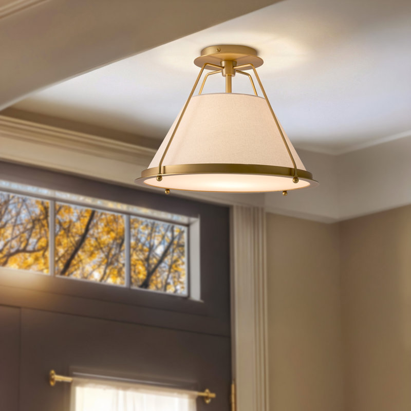 Solace Flush Mount – Metal, Fabric & Gold, Ivory White Shaded 1-Light Hardwired Dimmable Ceiling Light for Bedroom or Hallway in Modern, Mid-Century, and Contemporary Style