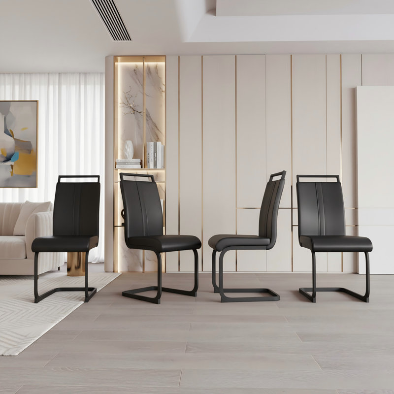 Set of 4 Modern Faux Leather Dining Chairs with C-Shaped Legs, Black, Black