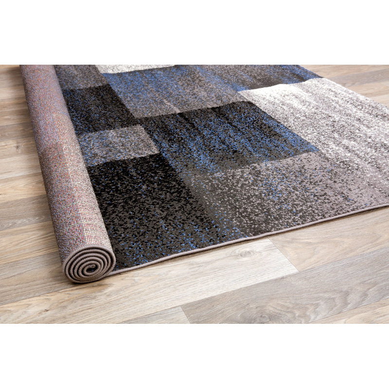 Tapis bleu / ivoire / gris à motif géométrique Damarus, Tapis de couloir 2 pi x 7 pi