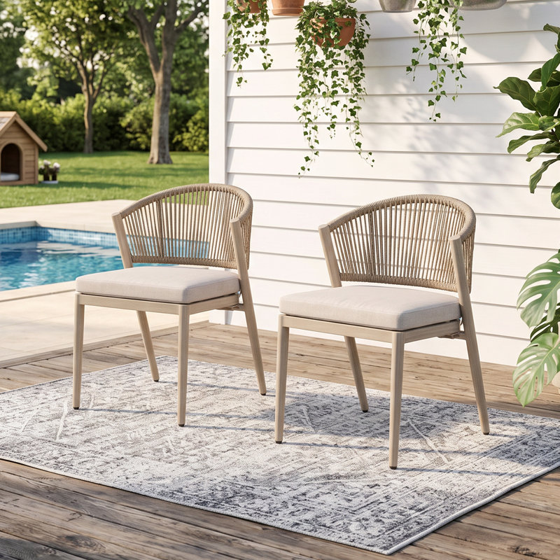 Chaises de salle à manger d'extérieur 2 pièces en corde tissée avec coussins