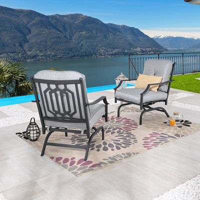 Siemens Powder-Coated Steel Outdoor Rocking-Motion Chair with Gray Cushions (2-Pack)