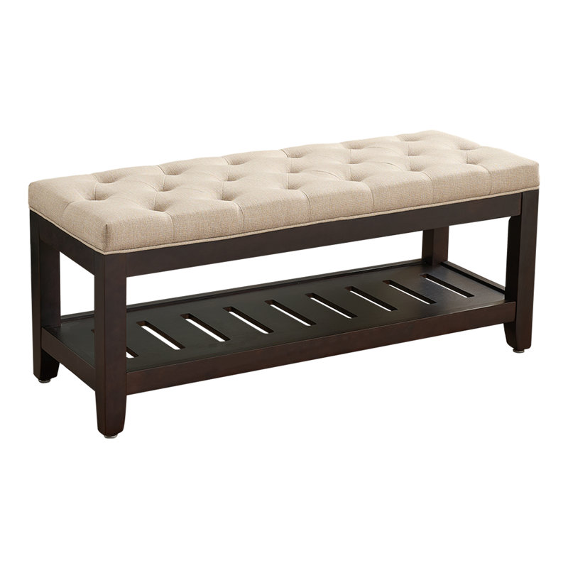 44" Wide Tufted Rectangle Cocktail Ottoman With Storage Tray, Light Brown Linen