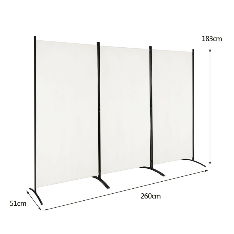 Ecevit 3 - Panel Folding Room Divider, White, 183cm H x 260cm W x 50.8cm D