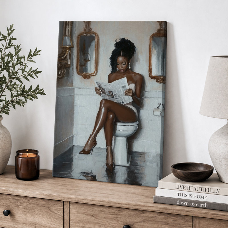 Élégance «Femme glamour lisant un journal, œuvre d'art chic, salle de bain / meuble-lavabo / salle d'eau, peintures murales, impression sur toile numérique encadrée»