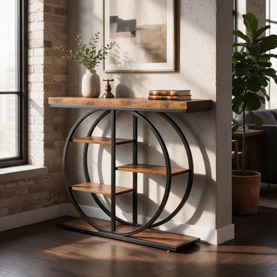 Console industrielle avec tablettes et base circulaire, table d'entrée étroite pour le couloir et le salon, brun rustique | Idée de cadeau