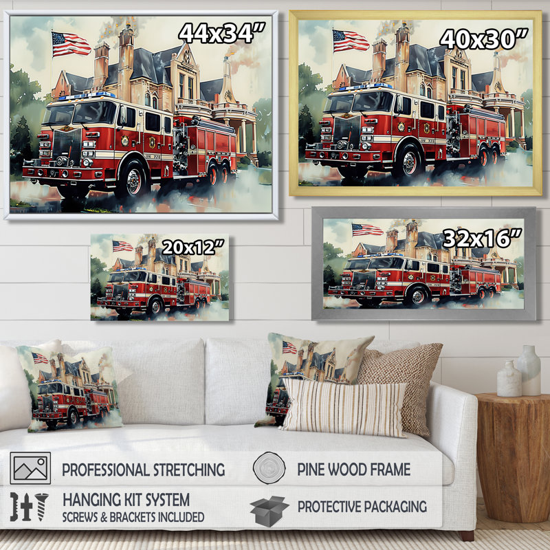«Fire Truck In The Hamptons I», impression d'art mural pompier, Toile avec cadre flottant brun, H 34 po x l 44 po x P 1,5 po