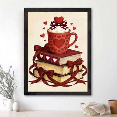 Libellule noire encadrée noire Saint-Valentin - livres et café, impression murale de style rétro