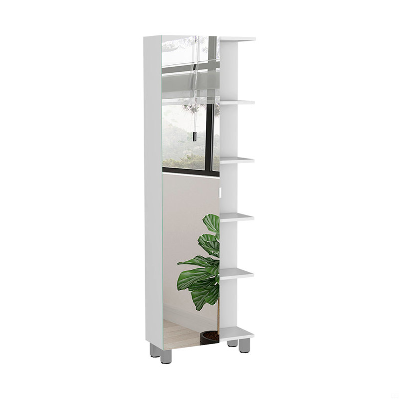 Armoire à linge en miroir, quatre tablettes intérieures, cinq tablettes extérieures