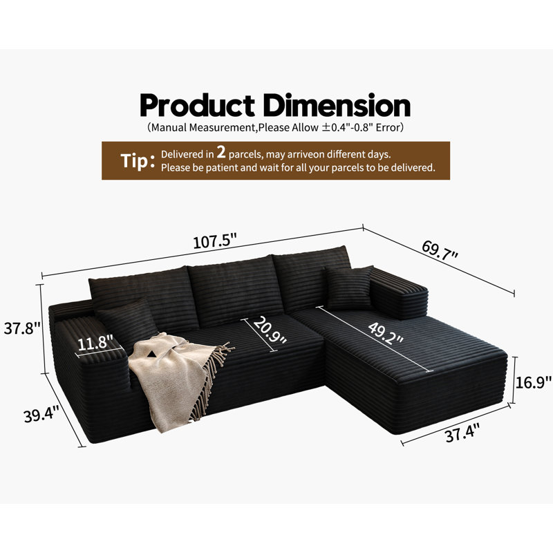 107.5"Cloud Modular Sectional Sofa Couch with L-Shape Chaise,Modern Minimalist Upholstered Couches for Living Room Bedroom,Deep Seat Corner Couch,No Assembly Required